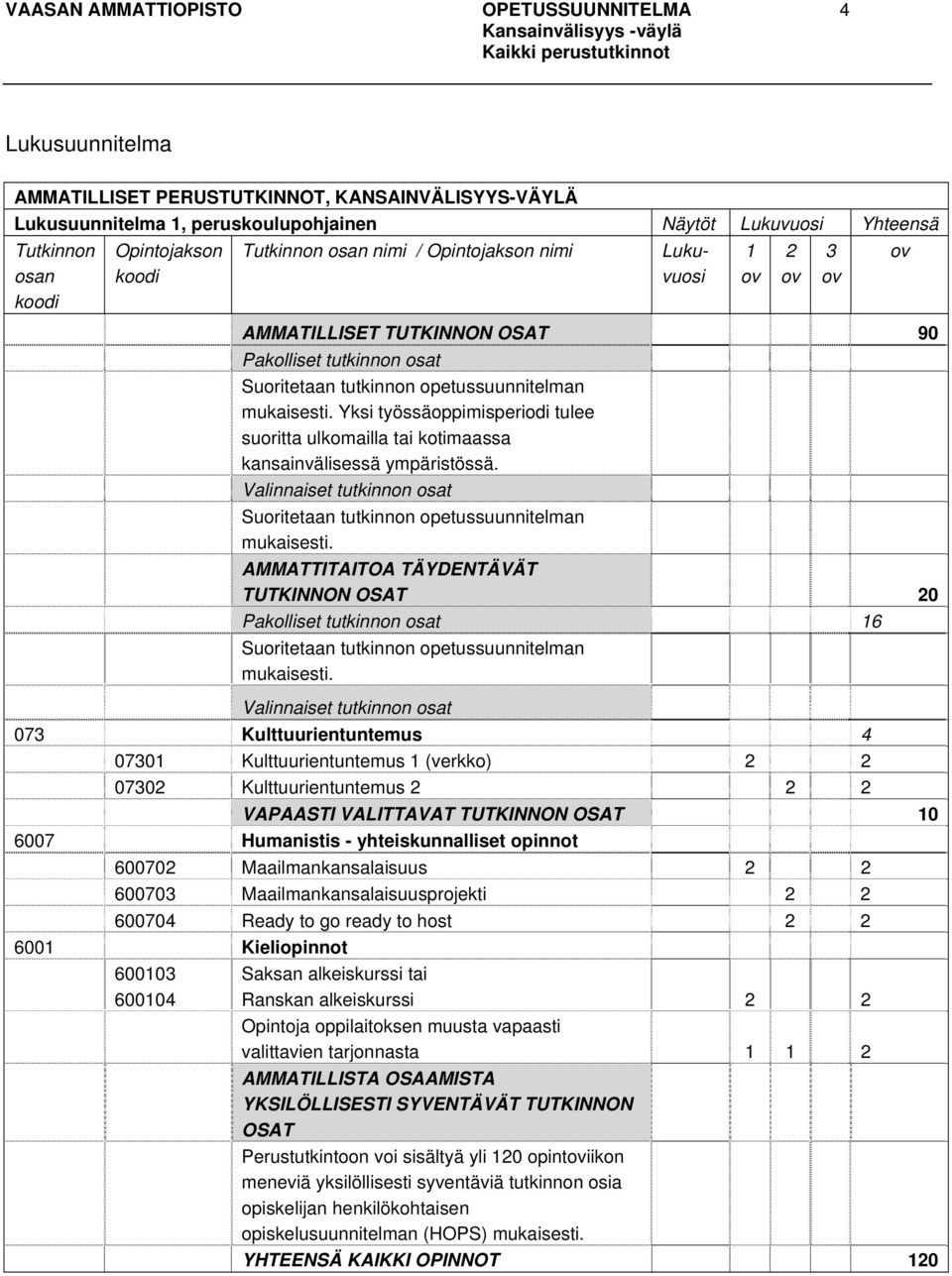 Yksi työssäoppimisperiodi tulee suoritta ulkomailla tai kotimaassa kansainvälisessä ympäristössä. Valinnaiset tutkinnon osat Suoritetaan tutkinnon opetussuunnitelman mukaisesti.