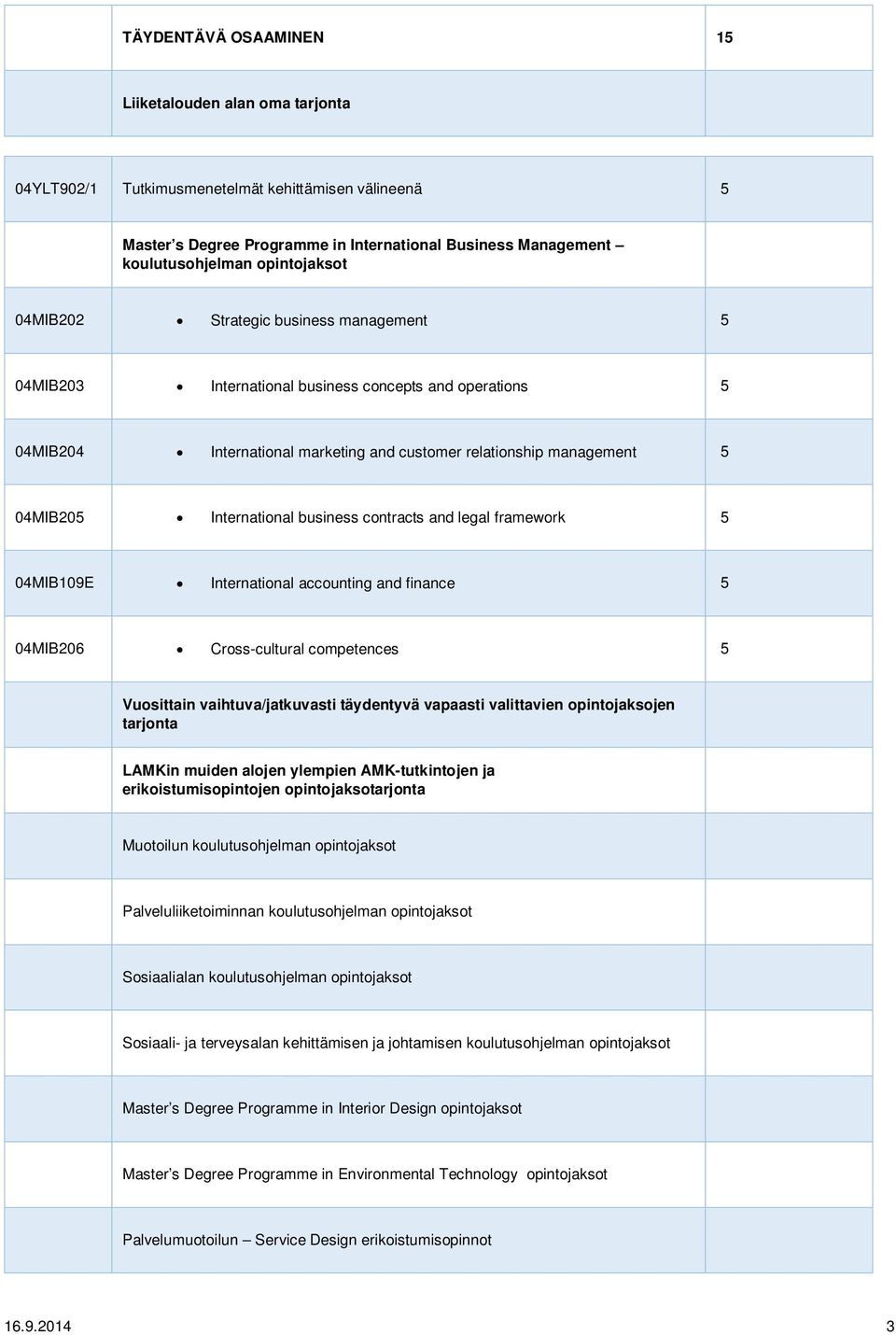 International business contracts and legal framework 5 04MIB109E International accounting and finance 5 04MIB206 Cross-cultural competences 5 Vuosittain vaihtuva/jatkuvasti täydentyvä vapaasti