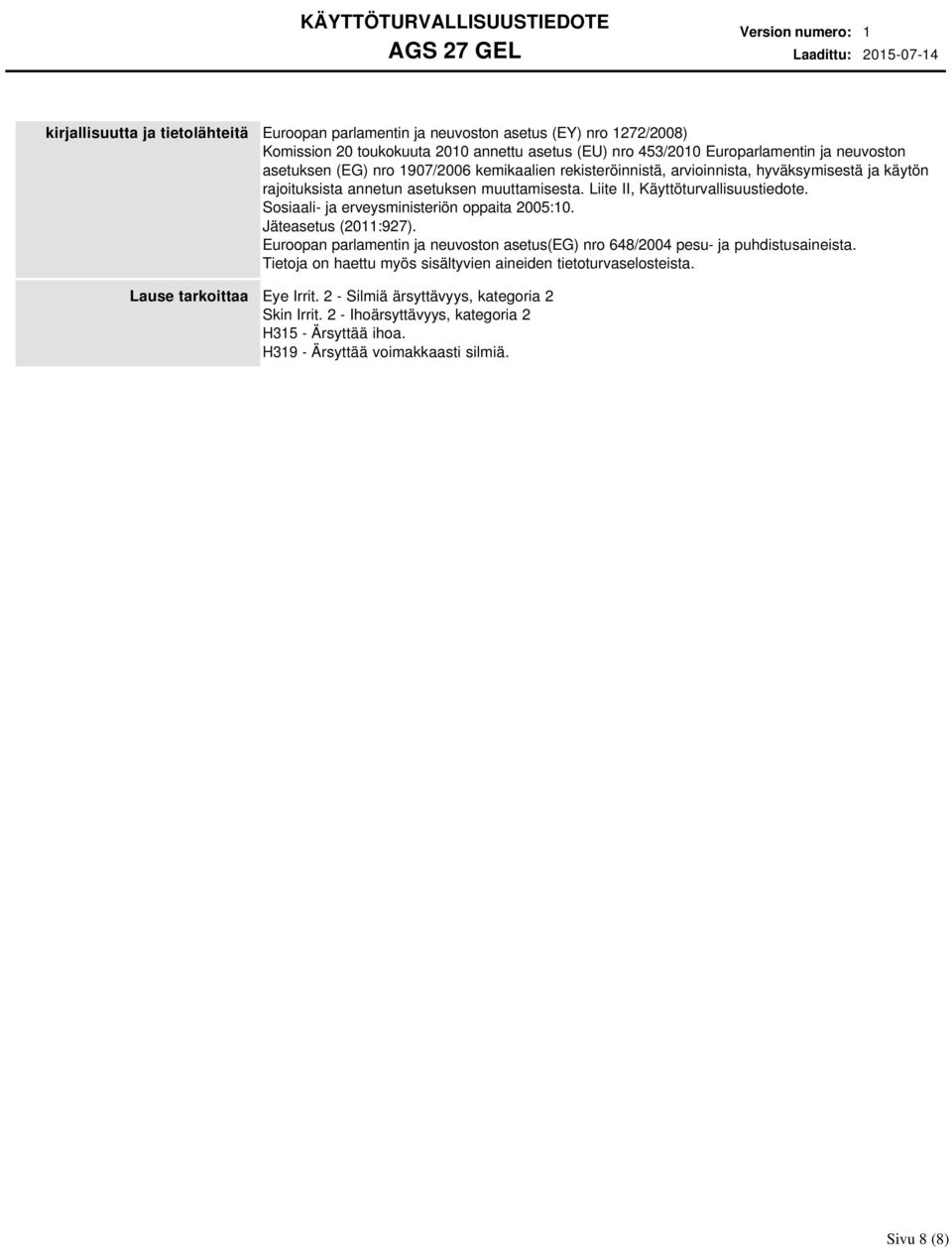 Sosiaali- ja erveysministeriön oppaita 2005:10. Jäteasetus (2011:927). Euroopan parlamentin ja neuvoston asetus(eg) nro 648/2004 pesu- ja puhdistusaineista.