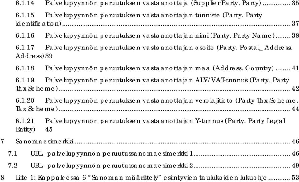 Party Tax Scheme)... 42 6.1.20 Palvelupyynnön peruutuksen vastaanottajan verolajitieto (Party Tax Scheme. Tax Scheme)... 44 6.1.21 Palvelupyynnön peruutuksen vastaanottajan Y-tunnus (Party.