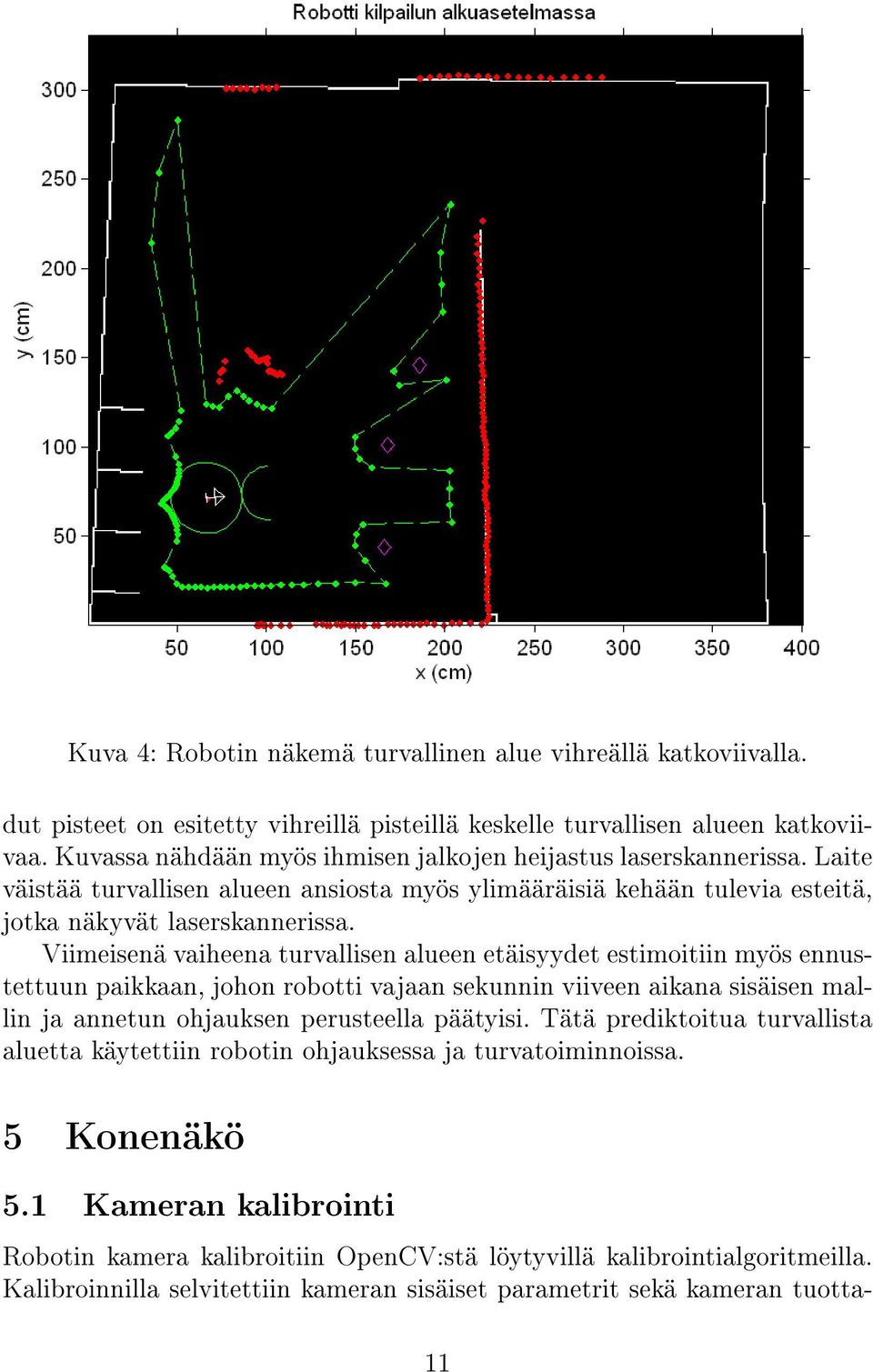 Viimeisenä vaiheena turvallisen alueen etäisyydet estimoitiin myös ennustettuun paikkaan, johon robotti vajaan sekunnin viiveen aikana sisäisen mallin ja annetun ohjauksen perusteella päätyisi.