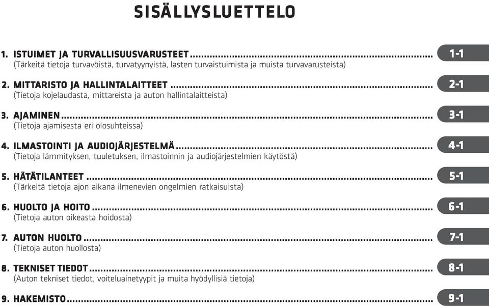 ILMASTOINTI JA AUDIOJÄRJESTELMÄ... 4- (Tietoja lämmityksen, tuuletuksen, ilmastoinnin ja audiojärjestelmien käytöstä) 5. HÄTÄTIL TILANTEET.