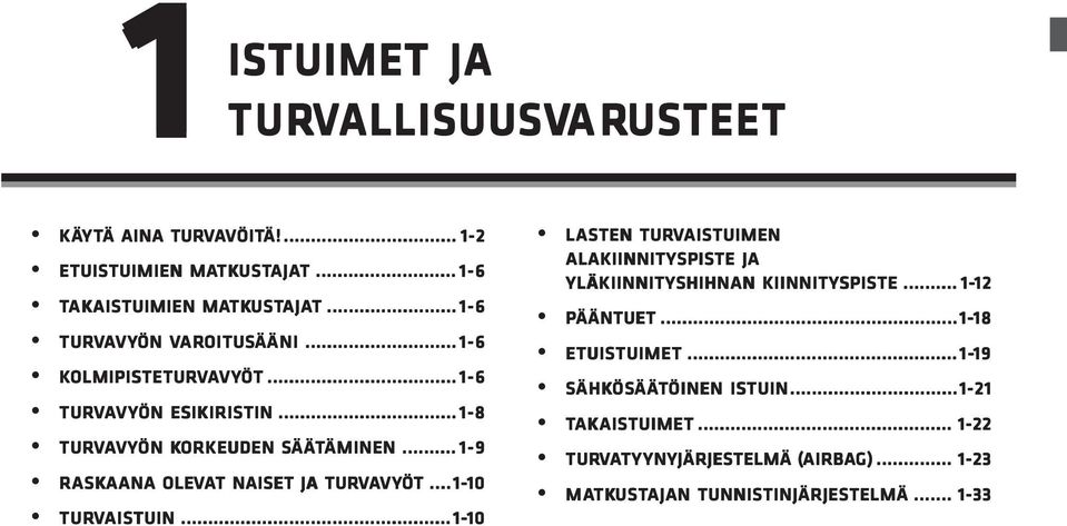 .. 1-8 TURVAVYÖN KORKEUDEN SÄÄTÄMINEN ÄMINEN... 1-9 RASK ASKAANA ANA OLEVAT NAISET JA TURVAVYÖT...1-1-10 10 TURVAISTUIN.