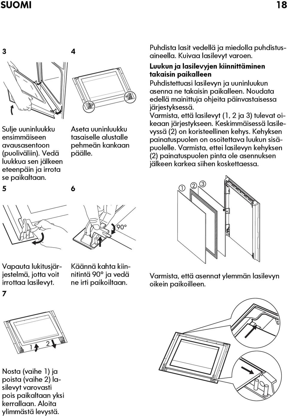 Luukun ja lasilevyjen kiinnittäminen takaisin paikalleen Puhdistettuasi lasilevyn ja uuninluukun asenna ne takaisin paikalleen. Noudata edellä mainittuja ohjeita päinvastaisessa järjestyksessä.