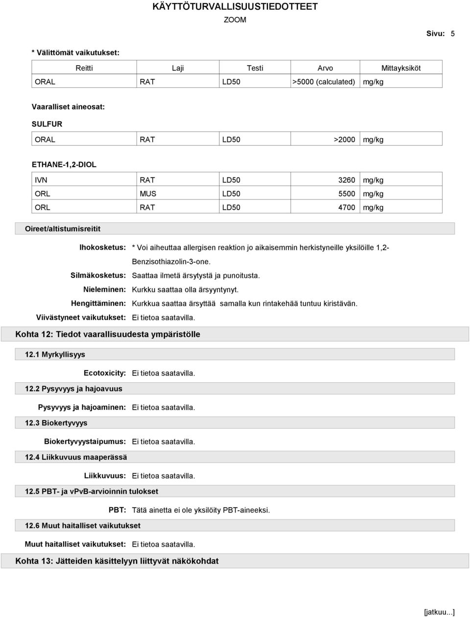 Hengittäminen: Viivästyneet vaikutukset: Benzisothiazolin-3-one. Saattaa ilmetä ärsytystä ja punoitusta. Kurkku saattaa olla ärsyyntynyt.