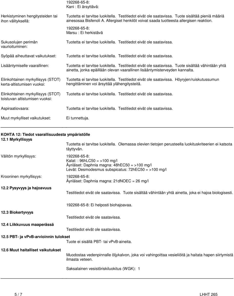 (STOT) kerta-altistumisen vuoksi: Elinkohtainen myrkyllisyys (STOT) toistuvan altistumisen vuoksi: Aspiraatiovaara: Muut myrkylliset vaikutukset: Tuotetta ei tarvitse luokitella Testitiedot eivät ole