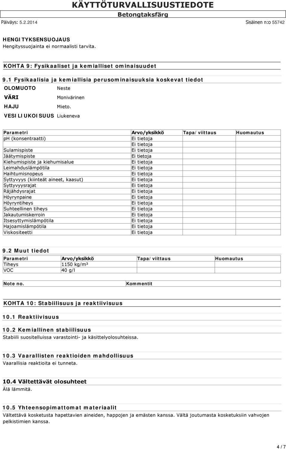 VESILIUKOISUUS Liukeneva Parametri Arvo/yksikkö Tapa/viittaus Huomautus ph (konsentraatti) Sulamispiste Jäätymispiste Kiehumispiste ja kiehumisalue Leimahduslämpötila Haihtumisnopeus Syttyvyys