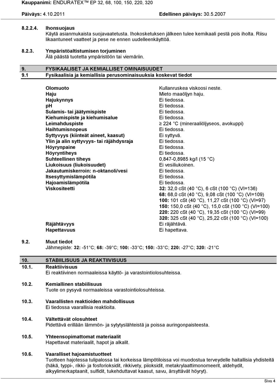 1 Fysikaalisia ja kemiallisia perusominaisuuksia koskevat tiedot Olomuoto Haju Hajukynnys ph Sulamis tai jäätymispiste Kiehumispiste ja kiehumisalue Leimahduspiste Haihtumisnopeus Syttyvyys (kiinteät