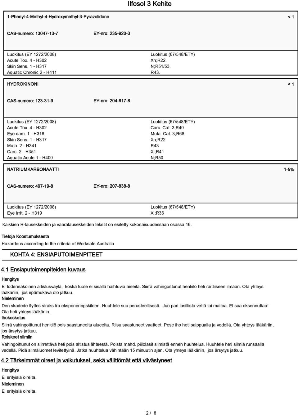 1 - H318 Skin Sens. 1 - H317 Muta. 2 - H341 Carc. 2 - H351 Aquatic Acute 1 - H400 Luokitus (67/548/ETY) Carc. Cat.