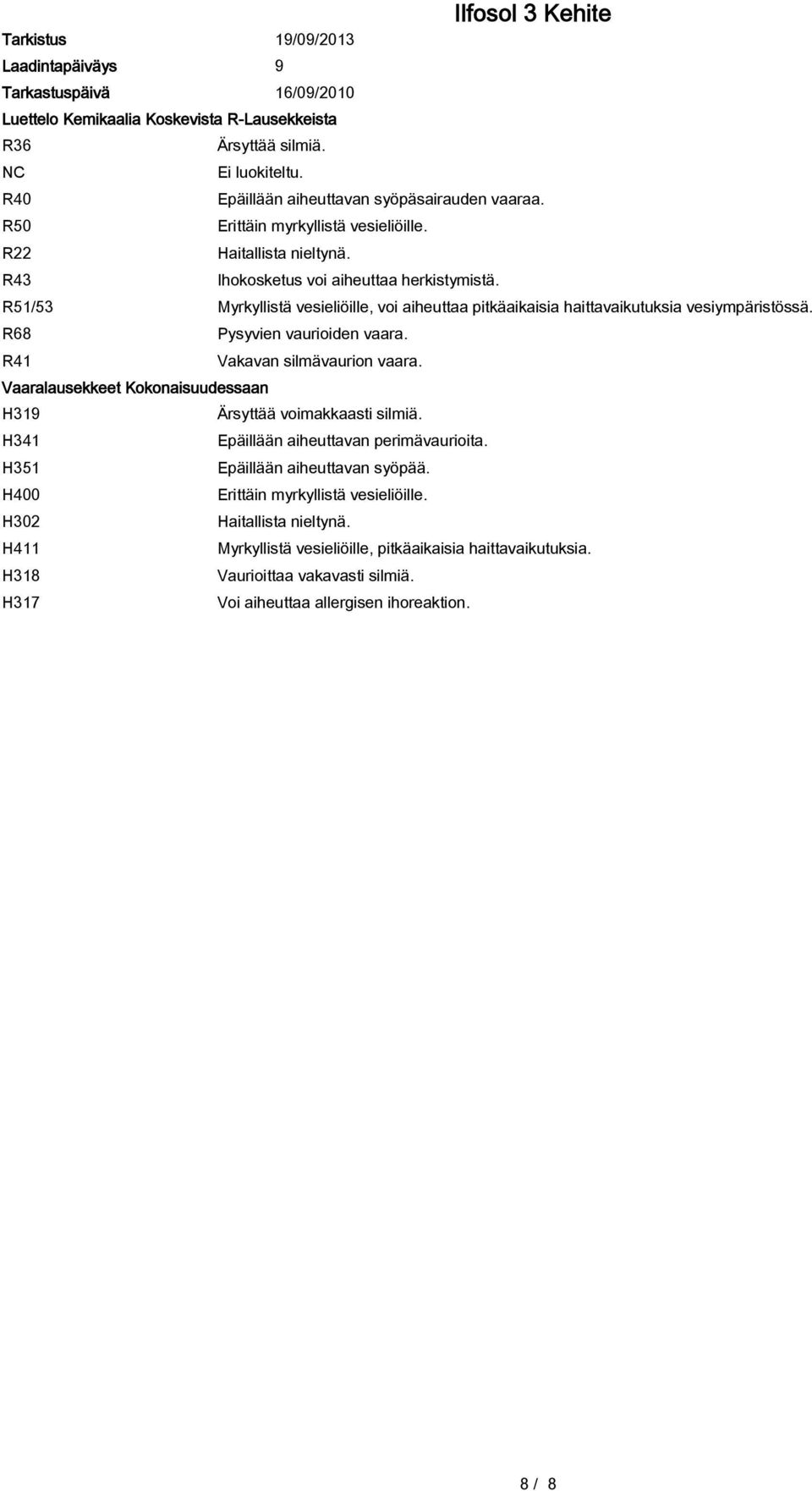 R51/53 Myrkyllistä vesieliöille, voi aiheuttaa pitkäaikaisia haittavaikutuksia vesiympäristössä. R68 Pysyvien vaurioiden vaara. R41 Vakavan silmävaurion vaara.