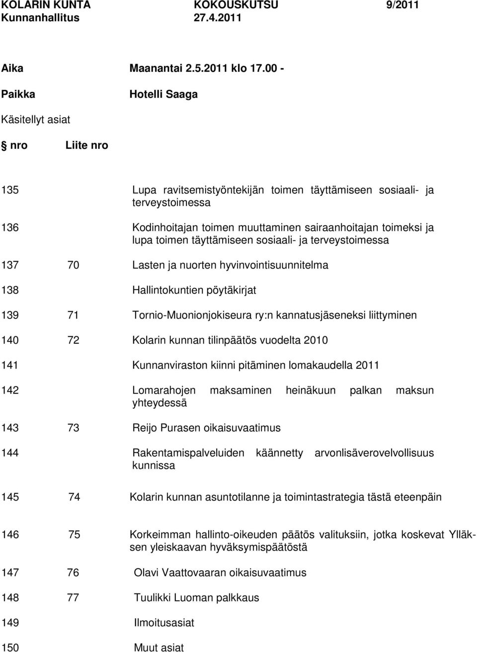 toimen muuttaminen sairaanhoitajan toimeksi ja lupa toimen täyttämiseen sosiaali- ja terveystoimessa Lasten ja nuorten hyvinvointisuunnitelma Hallintokuntien pöytäkirjat Tornio-Muonionjokiseura ry:n