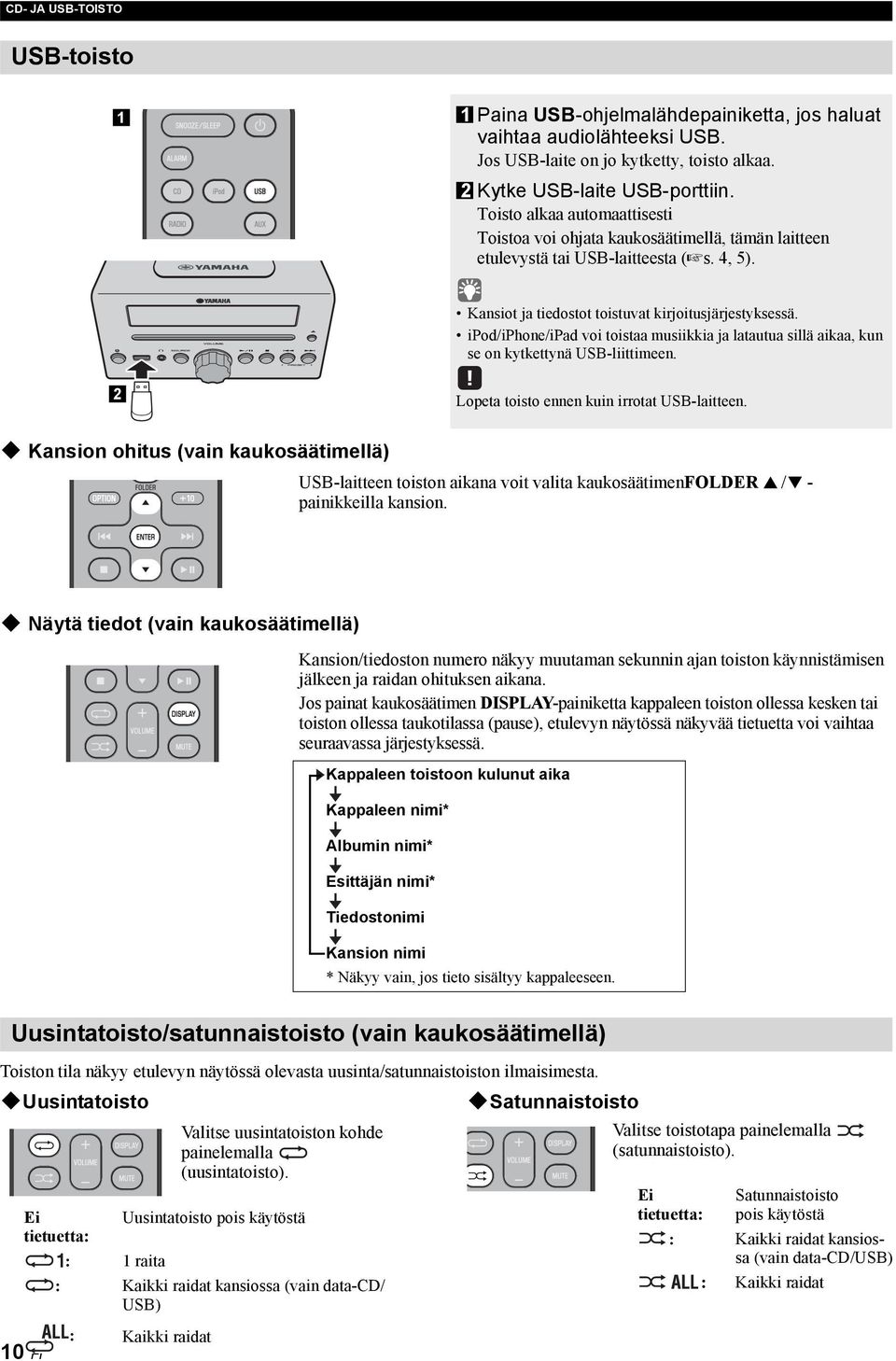 ipod/iphone/ipad voi toistaa musiikkia ja latautua sillä aikaa, kun se on kytkettynä USB-liittimeen. 2 Lopeta toisto ennen kuin irrotat USB-laitteen.