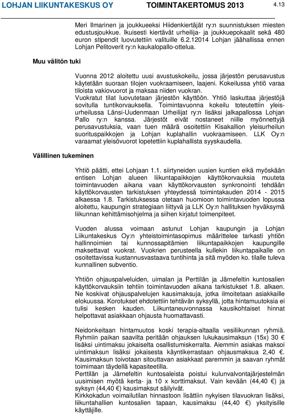 Vuonna 2012 aloitettu uusi avustuskokeilu, jossa järjestön perusavustus käytetään suoraan tilojen vuokraamiseen, laajeni. Kokeilussa yhtiö varaa tiloista vakiovuorot ja maksaa niiden vuokran.