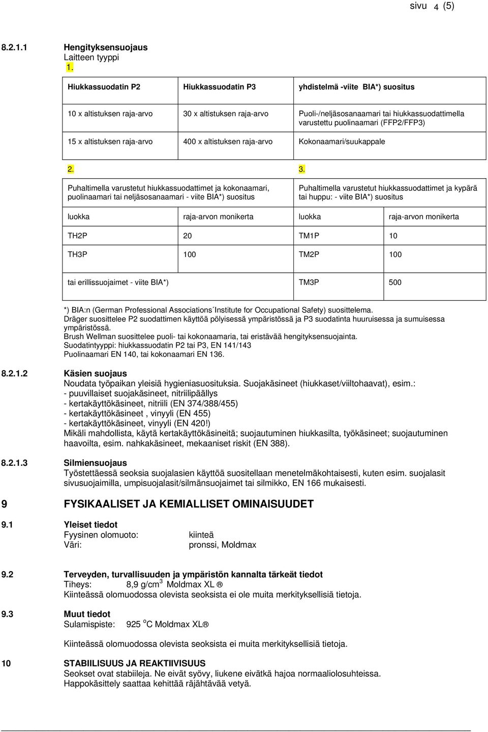 (FFP2/FFP3) 15 x altistuksen raja-arvo 400 x altistuksen raja-arvo Kokonaamari/suukappale 2. 3.