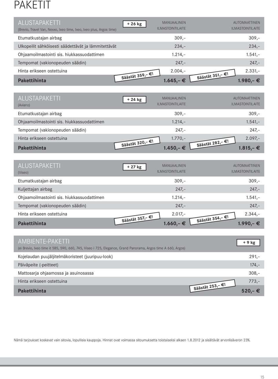 Säästät 51,! Pakettihinta 1.645, 1.980, ALUSTAPAKETTI (Aviano) + 4 kg MANUAALINEN ILMASTOINTILAITE AUTOMAATTINEN ILMASTOINTILAITE Etumatkustajan airbag 09, 09, Ohjaamoilmastointi sis.