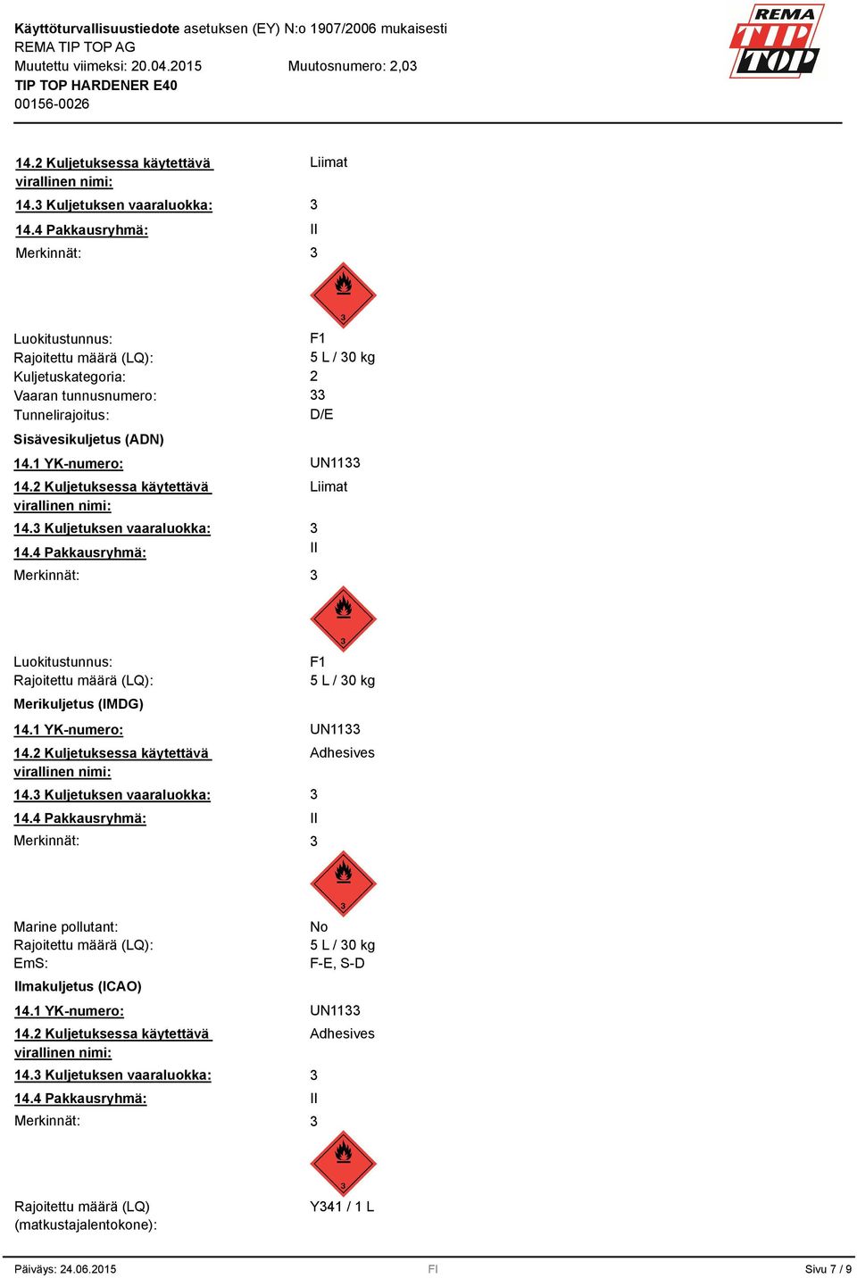 1 YK-numero: UN11 4 Pakkausryhmä: II Merkinnät: Liimat Luokitustunnus: Rajoitettu määrä (LQ): Merikuljetus (IMDG) F1 5 L / 0 kg 14.