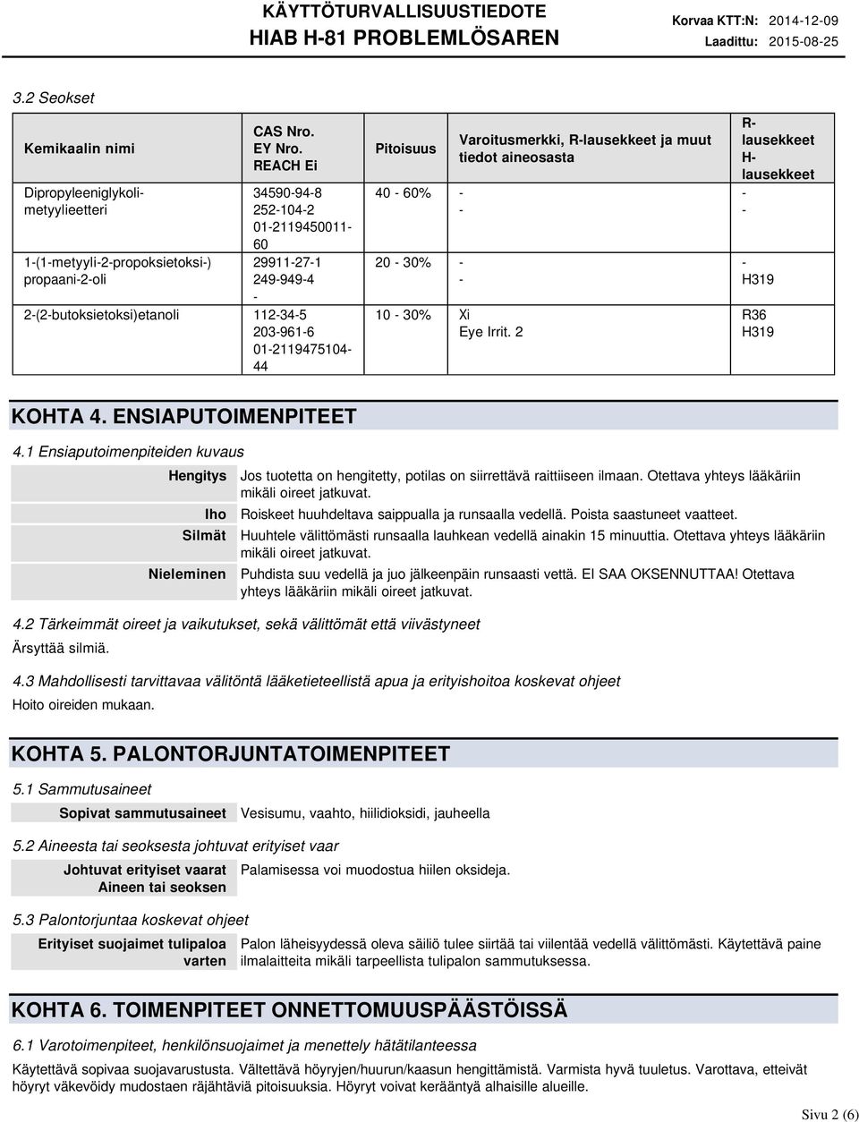 2 Varoitusmerkki, Rlausekkeet ja muut tiedot aineosasta R lausekkeet H lausekkeet H319 R36 H319 KOHTA 4. ENSIAPUTOIMENPITEET 4.