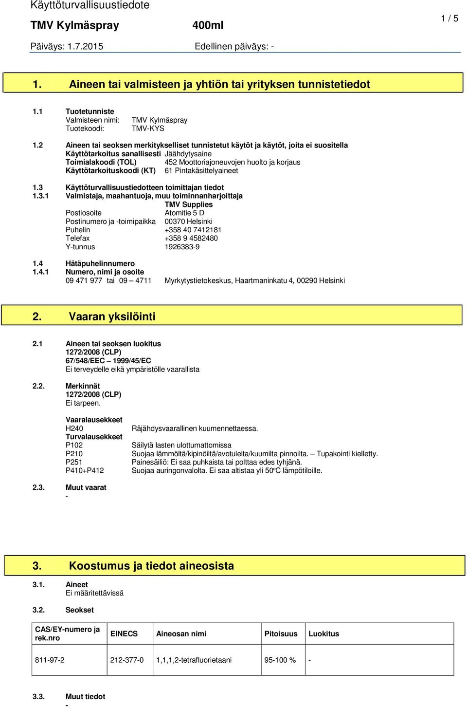 Käyttötarkoituskoodi (KT) 61 Pintakäsittelyaineet 1.3 