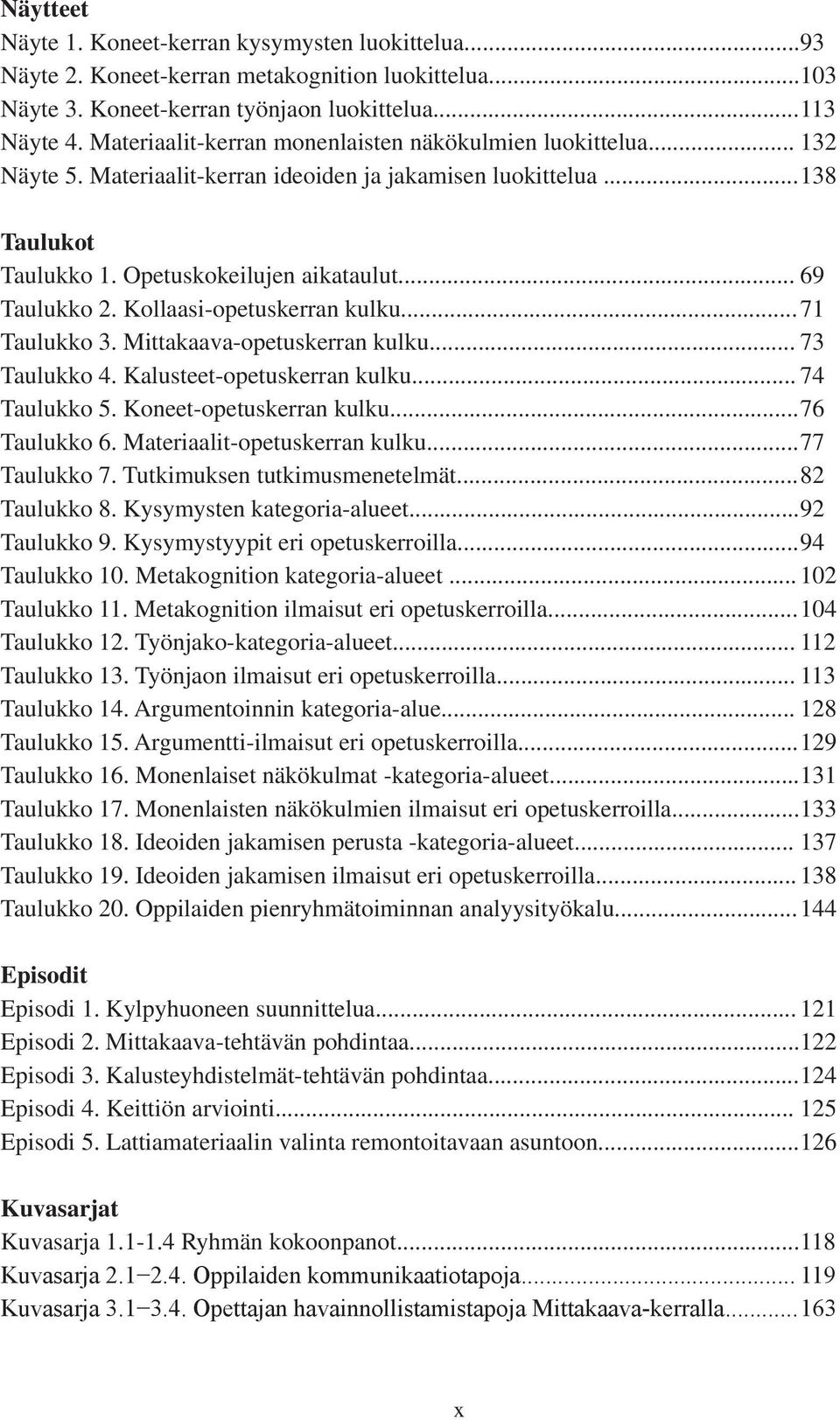 Kollaasi-opetuskerran kulku... 71 Taulukko 3. Mittakaava-opetuskerran kulku... 73 Taulukko 4. Kalusteet-opetuskerran kulku... 74 Taulukko 5. Koneet-opetuskerran kulku... 76 Taulukko 6.