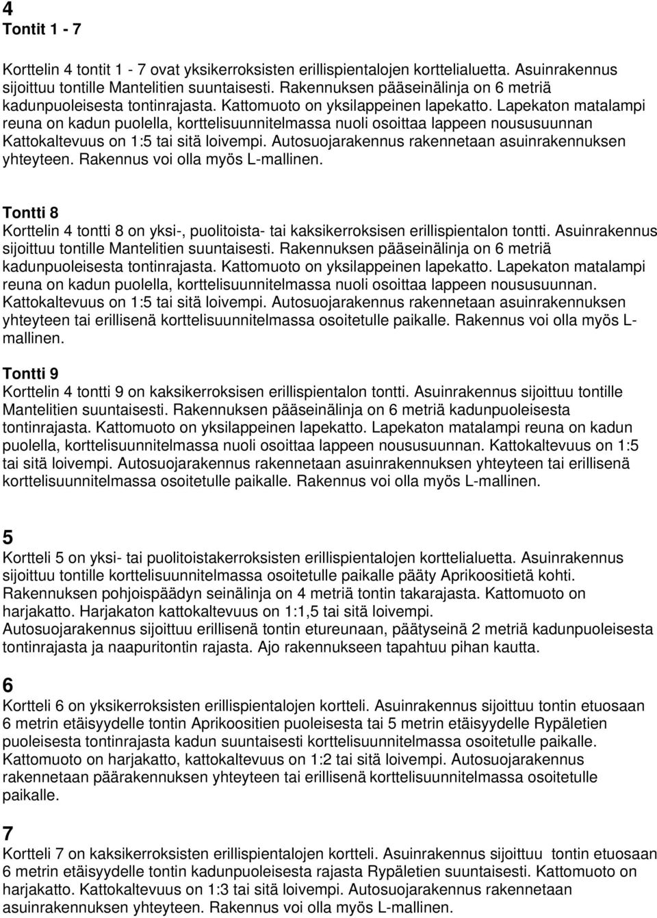 Lapekaton matalampi reuna on kadun puolella, korttelisuunnitelmassa nuoli osoittaa lappeen noususuunnan Kattokaltevuus on 1:5 tai sitä loivempi.
