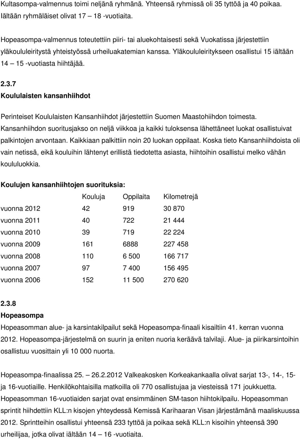 Yläkoululeiritykseen osallistui 15 iältään 14 15 -vuotiasta hiihtäjää. 2.3.7 Koululaisten kansanhiihdot Perinteiset Koululaisten Kansanhiihdot järjestettiin Suomen Maastohiihdon toimesta.