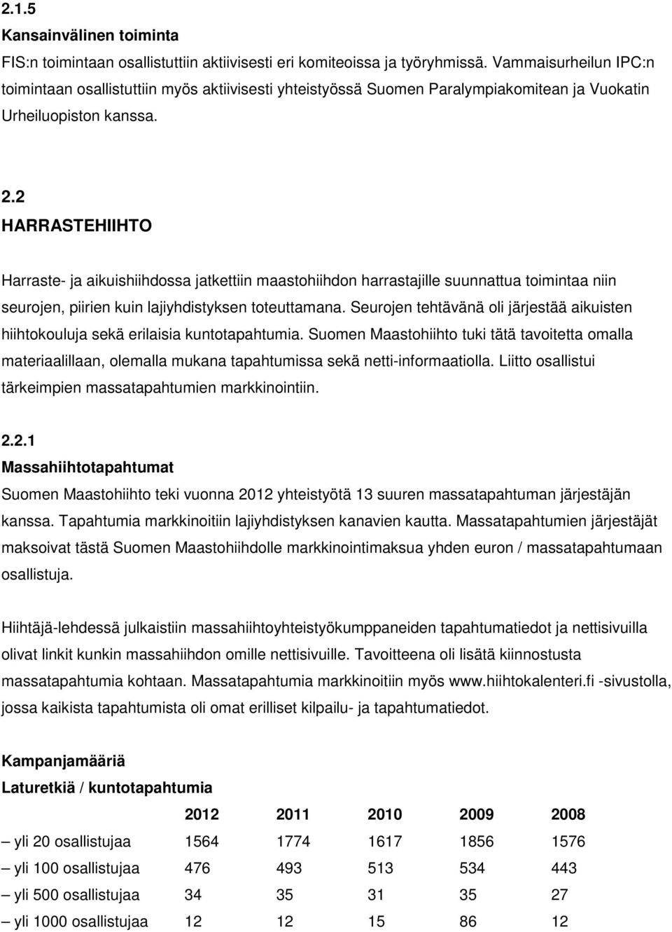 2 HARRASTEHIIHTO Harraste- ja aikuishiihdossa jatkettiin maastohiihdon harrastajille suunnattua toimintaa niin seurojen, piirien kuin lajiyhdistyksen toteuttamana.