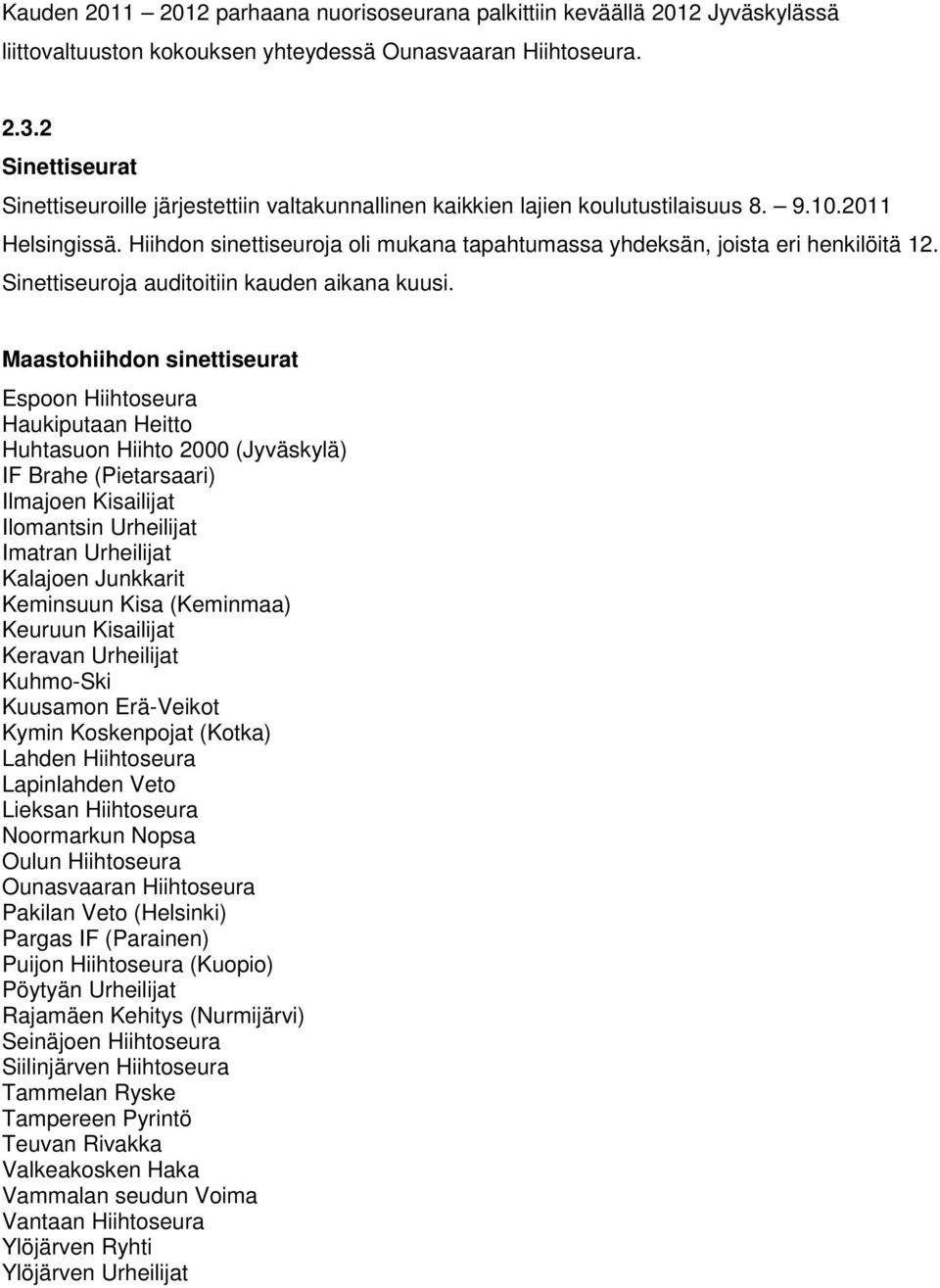 Hiihdon sinettiseuroja oli mukana tapahtumassa yhdeksän, joista eri henkilöitä 12. Sinettiseuroja auditoitiin kauden aikana kuusi.