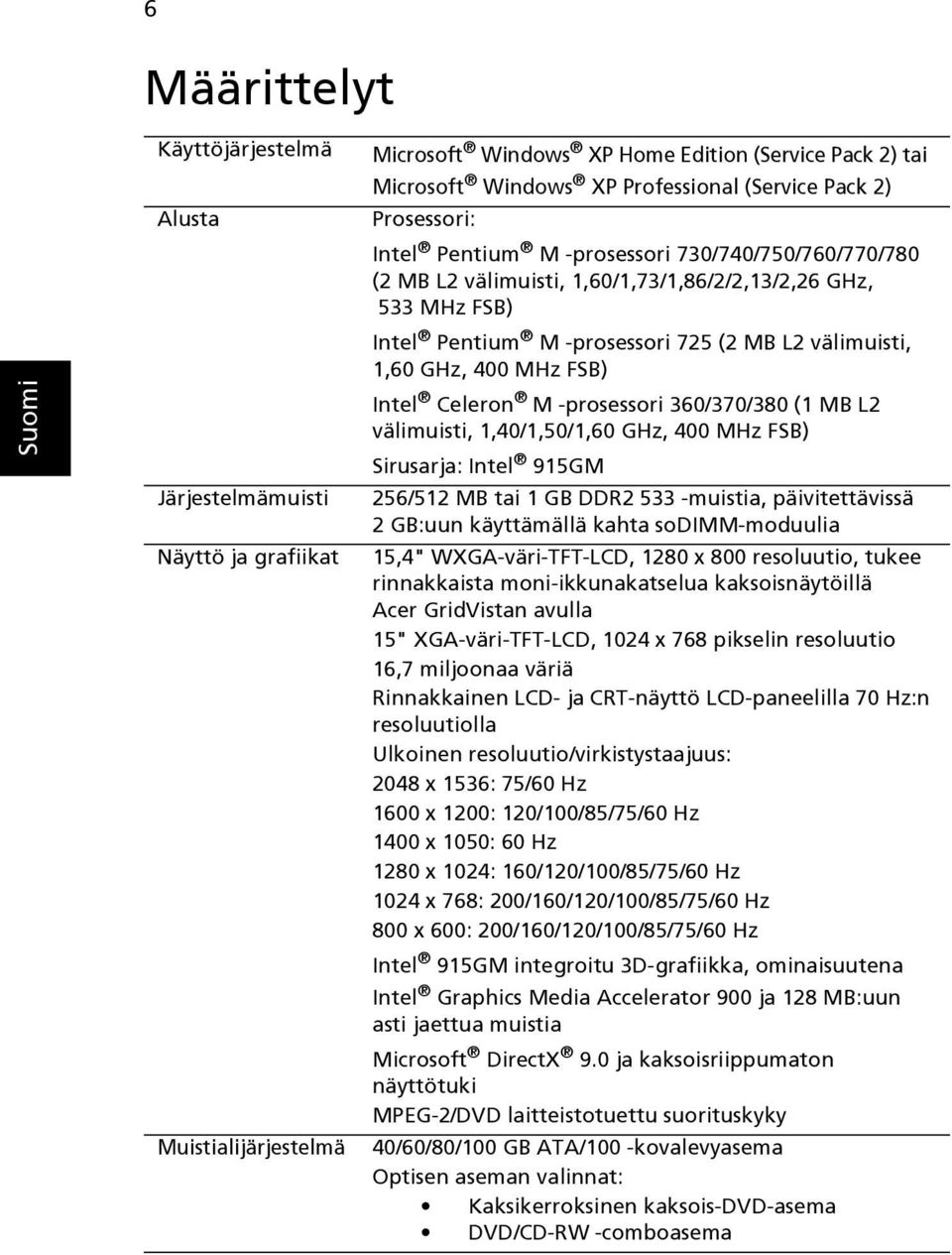 GHz, 400 MHz FSB) Intel Celeron M -prosessori 360/370/380 (1 MB L2 välimuisti, 1,40/1,50/1,60 GHz, 400 MHz FSB) Sirusarja: Intel 915GM 256/512 MB tai 1 GB DDR2 533 -muistia, päivitettävissä 2 GB:uun