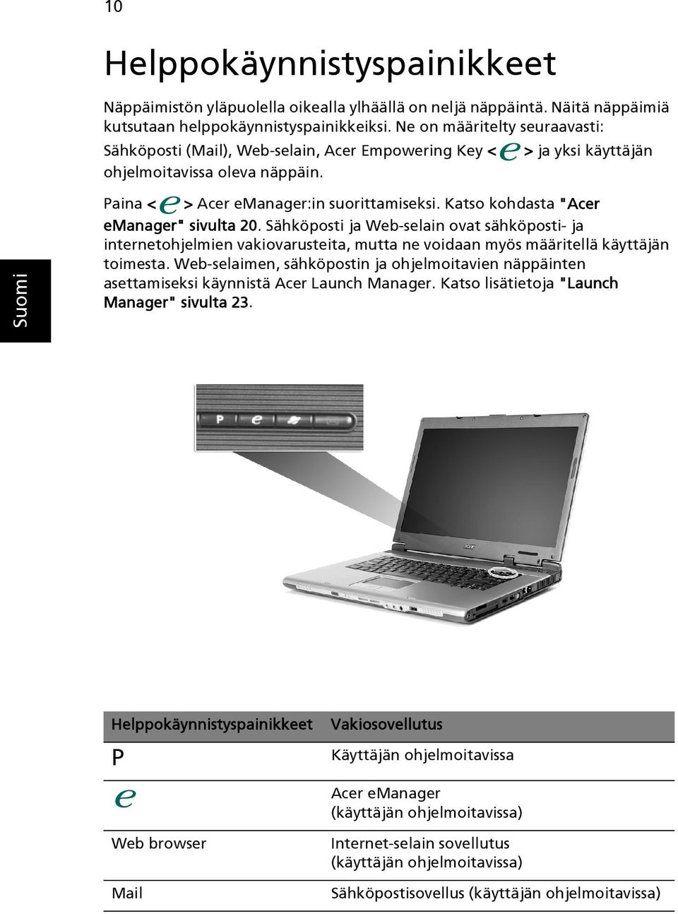 Katso kohdasta "Acer emanager" sivulta 20. Sähköposti ja Web-selain ovat sähköposti- ja internetohjelmien vakiovarusteita, mutta ne voidaan myös määritellä käyttäjän toimesta.