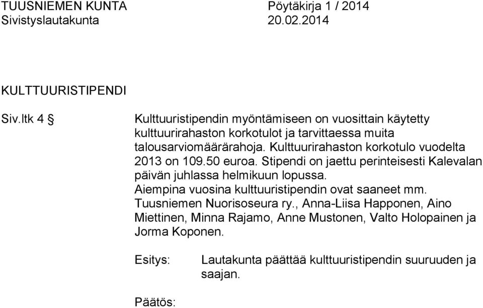 talousarviomäärärahoja. Kulttuurirahaston korkotulo vuodelta 2013 on 109.50 euroa.