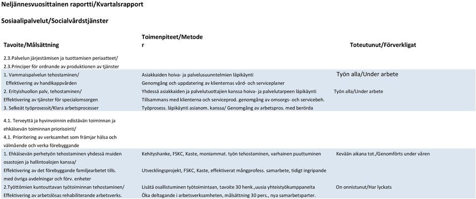 Vammaispalvelun tehostaminen/ Asiakkaiden hoiva- ja palvelusuunntelmien läpikäynti Työn alla/under arbete Effektivering av handikappvården Genomgång och uppdatering av klienternas vård- och