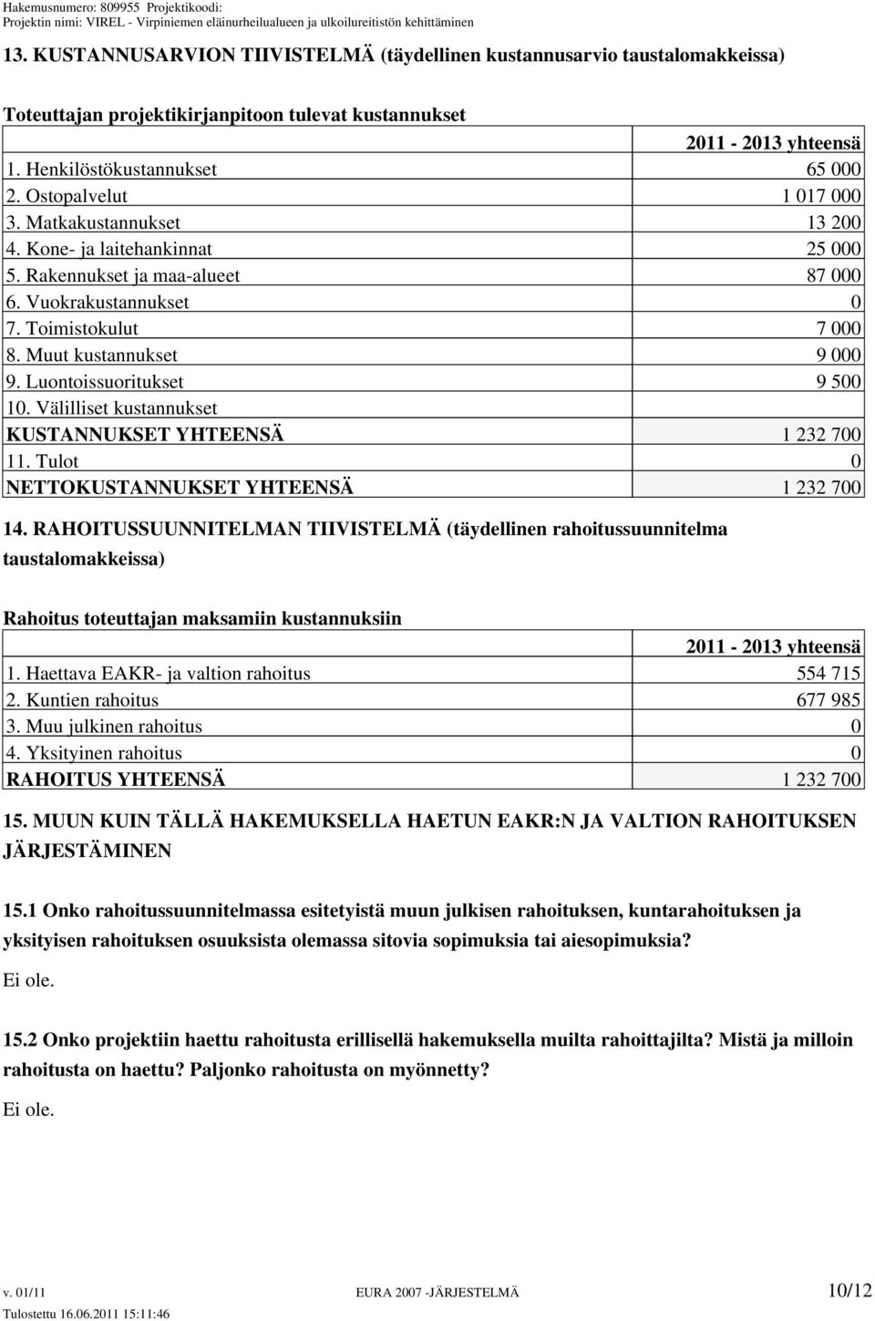 Luontoissuoritukset 9 500 10. Välilliset kustannukset KUSTANNUKSET YHTEENSÄ 1 232 700 11. Tulot 0 NETTOKUSTANNUKSET YHTEENSÄ 1 232 700 14.