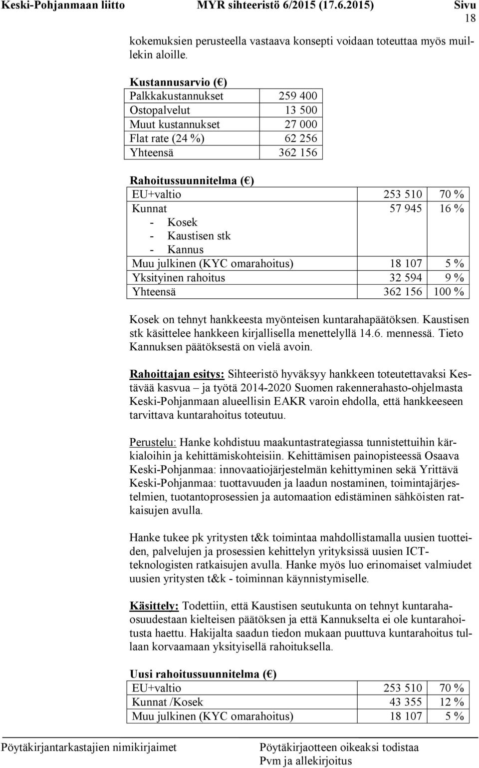 Kosek - Kaustisen stk - Kannus Muu julkinen (KYC omarahoitus) 18 107 5 % Yksityinen rahoitus 32 594 9 % Yhteensä 362 156 100 % Kosek on tehnyt hankkeesta myönteisen kuntarahapäätöksen.