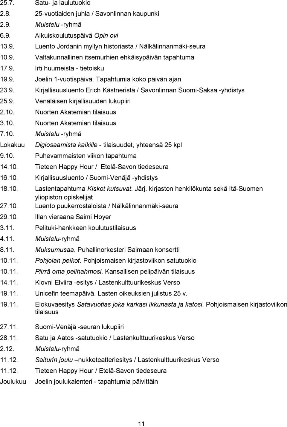 10. Nuorten Akatemian tilaisuus 3.10. Nuorten Akatemian tilaisuus 7.10. Muistelu -ryhmä Lokakuu Digiosaamista kaikille - tilaisuudet, yhteensä 25 kpl 9.10. Puhevammaisten viikon tapahtuma 14.10. Tieteen Happy Hour / Etelä-Savon tiedeseura 16.