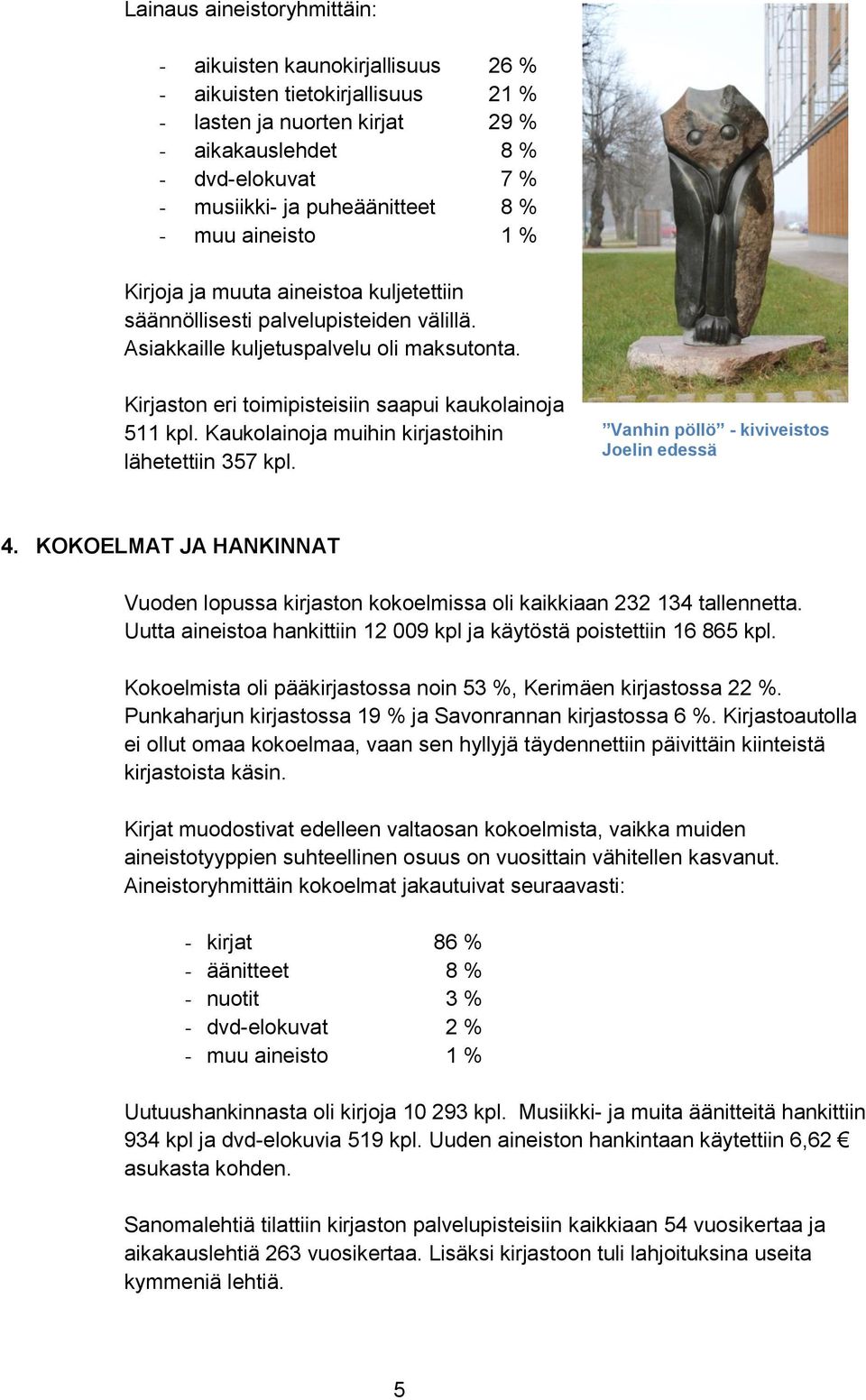Kirjaston eri toimipisteisiin saapui kaukolainoja 511 kpl. Kaukolainoja muihin kirjastoihin lähetettiin 357 kpl. Vanhin pöllö - kiviveistos Joelin edessä 4.
