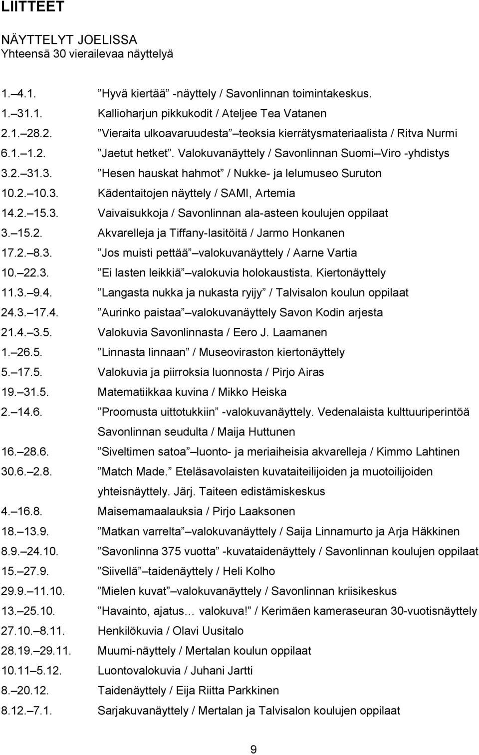 2. 31.3. Hesen hauskat hahmot / Nukke- ja lelumuseo Suruton 10.2. 10.3. Kädentaitojen näyttely / SAMI, Artemia 14.2. 15.3. Vaivaisukkoja / Savonlinnan ala-asteen koulujen oppilaat 3. 15.2. Akvarelleja ja Tiffany-lasitöitä / Jarmo Honkanen 17.