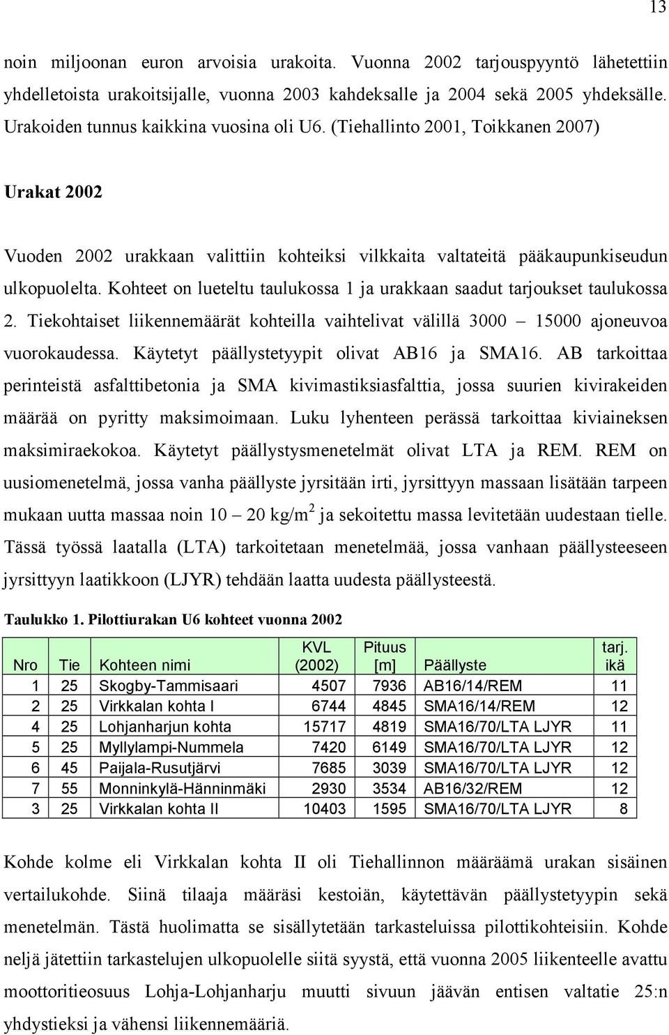 Kohteet on lueteltu taulukossa 1 ja urakkaan saadut tarjoukset taulukossa 2. Tiekohtaiset liikennemäärät kohteilla vaihtelivat välillä 3000 15000 ajoneuvoa vuorokaudessa.