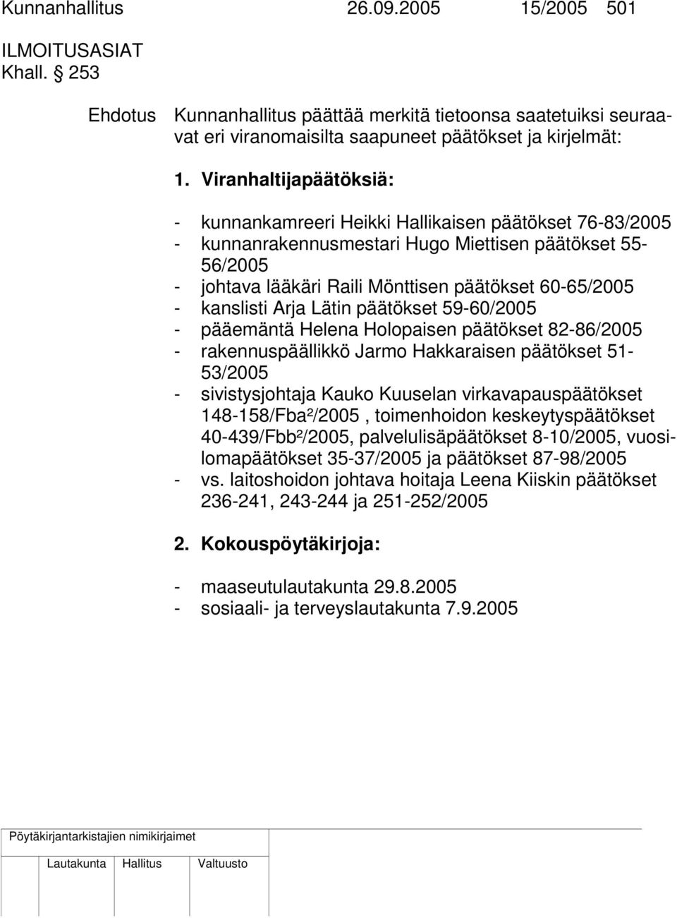 kanslisti Arja Lätin päätökset 59-60/2005 - pääemäntä Helena Holopaisen päätökset 82-86/2005 - rakennuspäällikkö Jarmo Hakkaraisen päätökset 51-53/2005 - sivistysjohtaja Kauko Kuuselan