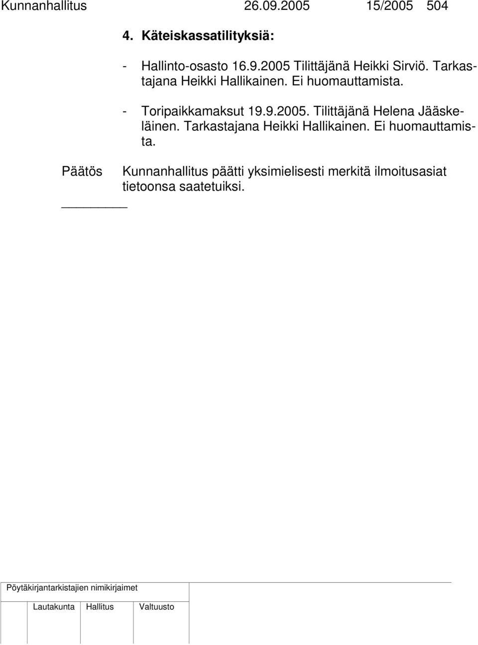 Tilittäjänä Helena Jääskeläinen. Tarkastajana Heikki Hallikainen. Ei huomauttamista.