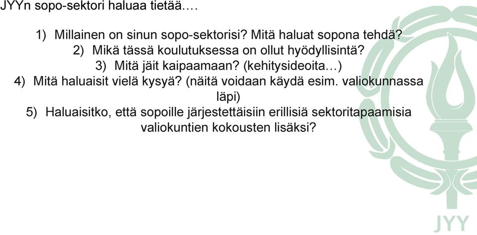 3) Mitä jäit kaipaamaan? (kehitysideoita ) 4) Mitä haluaisit vielä kysyä?