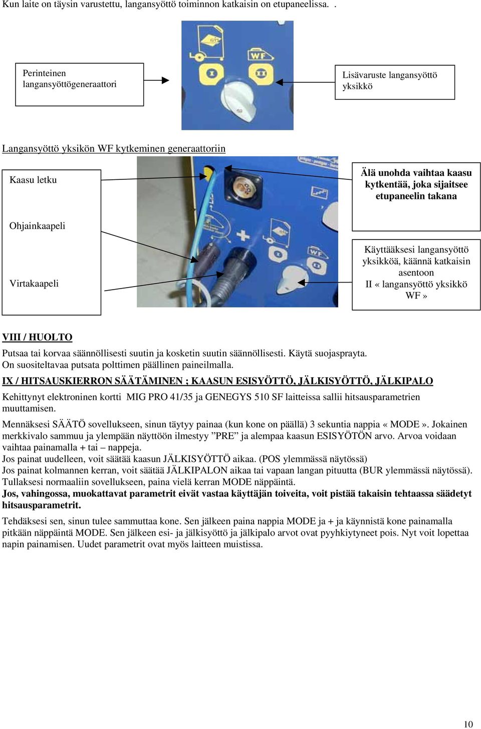 Virtakaapeli Käyttääksesi yksikköä, käännä katkaisin asentoon II «yksikkö WF» VIII / HUOLTO Putsaa tai korvaa säännöllisesti suutin ja kosketin suutin säännöllisesti. Käytä suojasprayta.