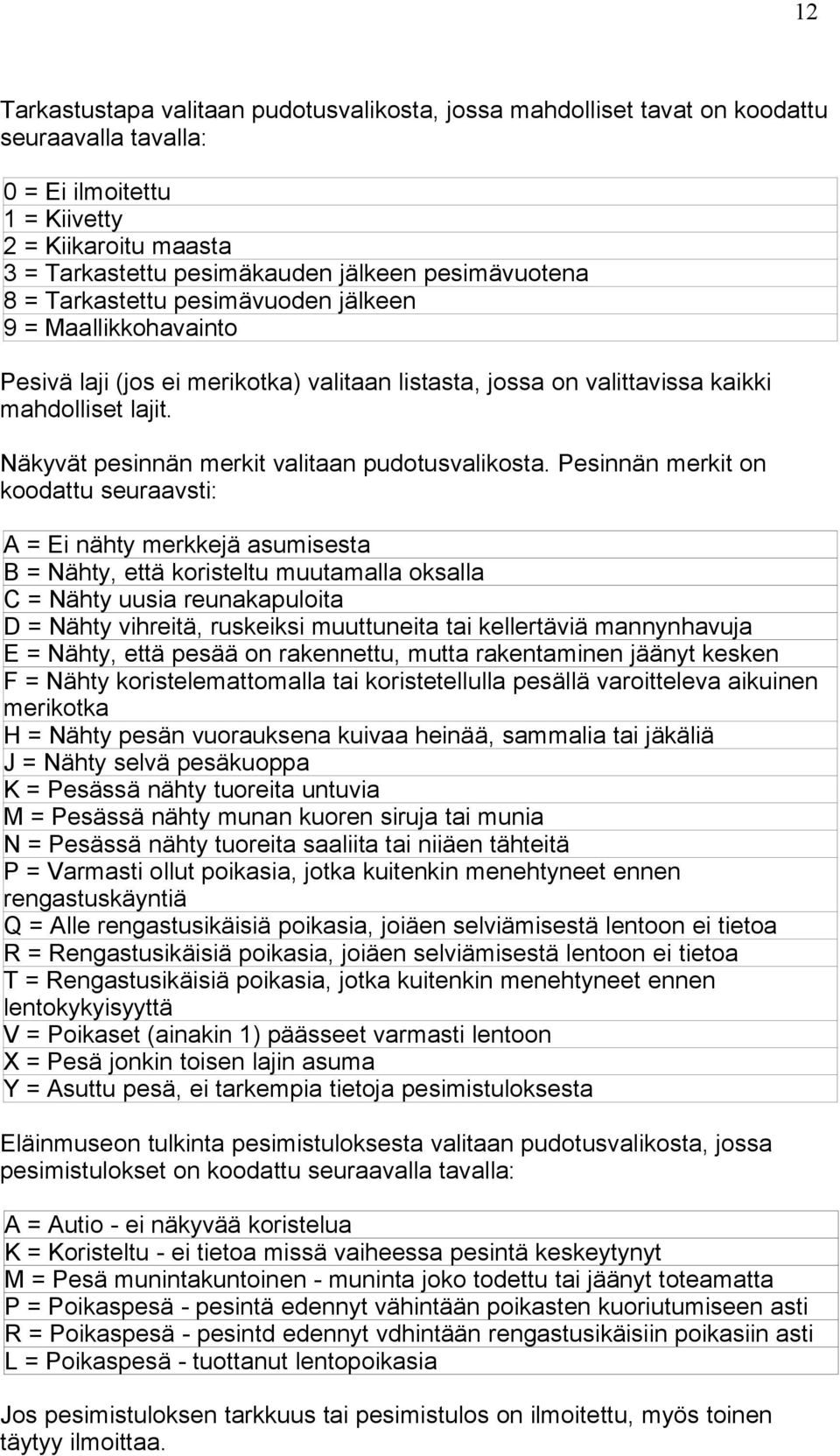 Näkyvät pesinnän merkit valitaan pudotusvalikosta.