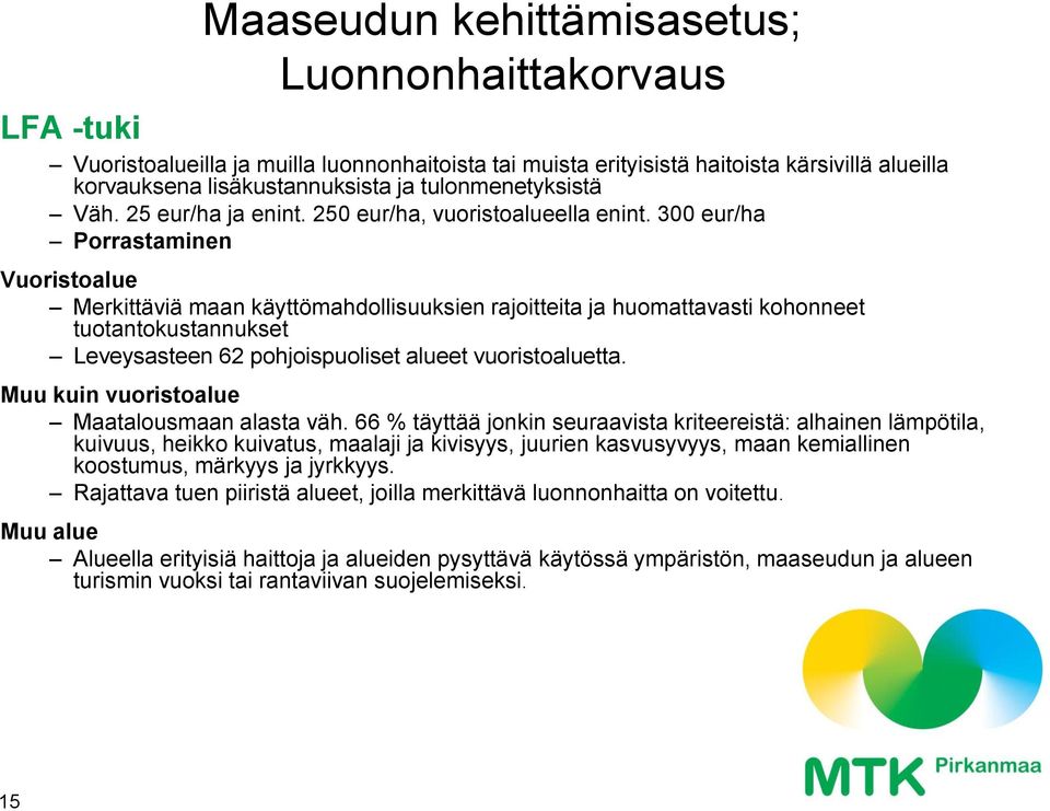 300 eur/ha Porrastaminen Vuoristoalue Merkittäviä maan käyttömahdollisuuksien rajoitteita ja huomattavasti kohonneet tuotantokustannukset Leveysasteen 62 pohjoispuoliset alueet vuoristoaluetta.