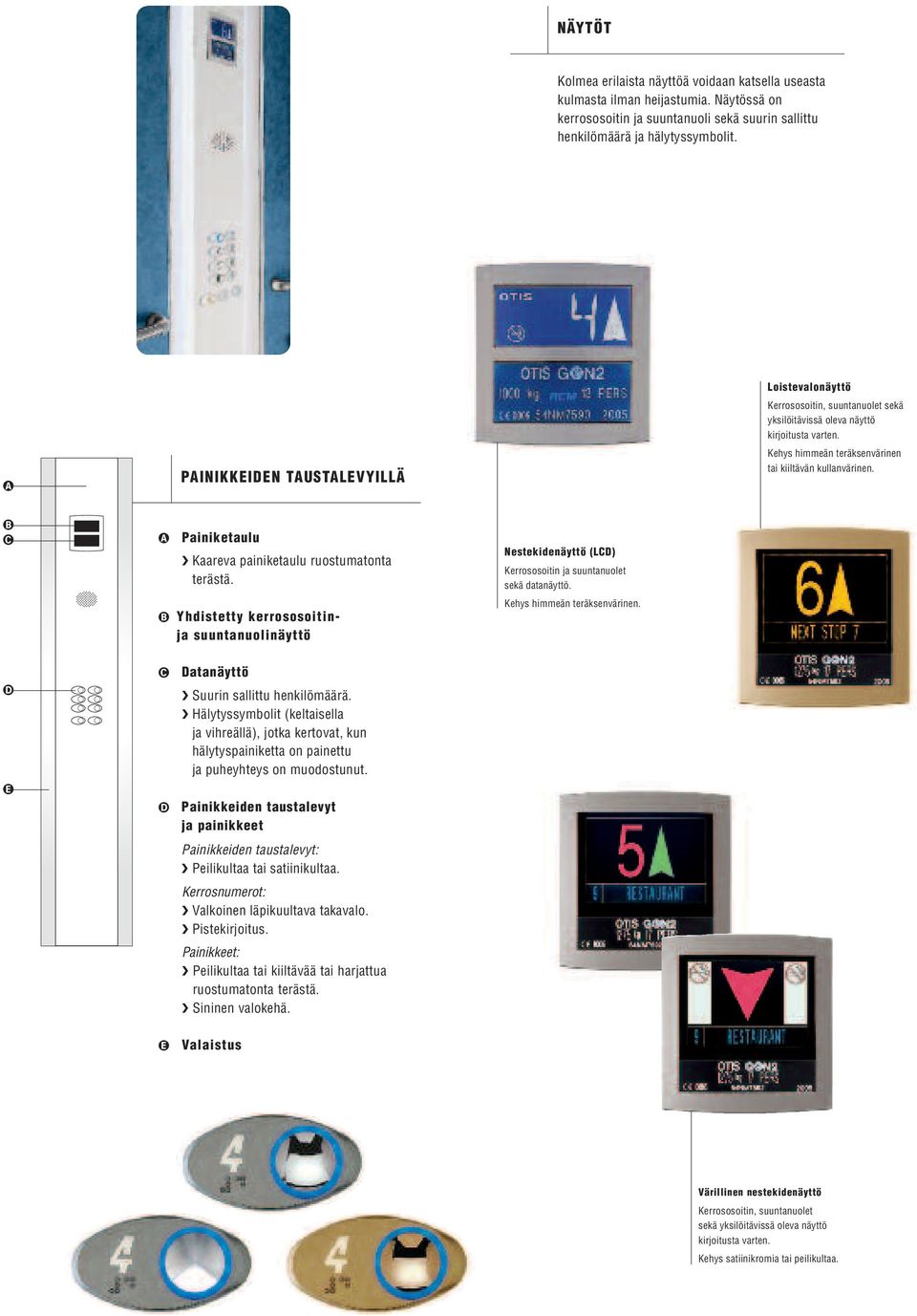 Painiketaulu Kaareva painiketaulu ruostumatonta terästä. Yhdistetty kerrososoitinja suuntanuolinäyttö Nestekidenäyttö (LCD) Kerrososoitin ja suuntanuolet sekä datanäyttö.