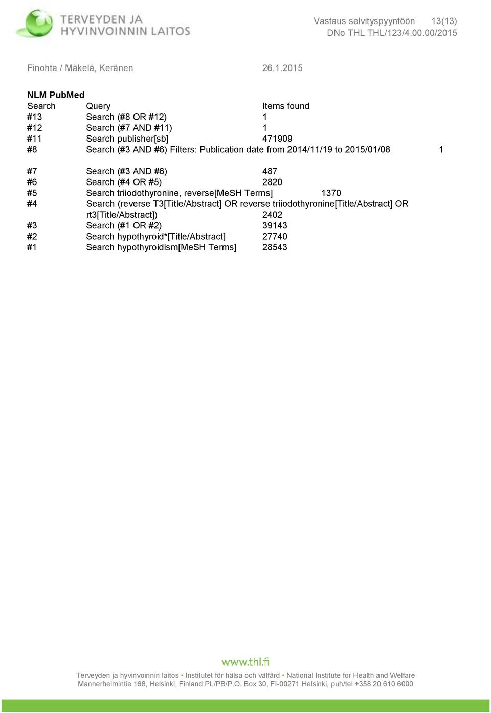 OR #5) 2820 #5 Search triiodothyronine, reverse[mesh Terms] 1370 #4 Search (reverse T3[Title/Abstract] OR reverse