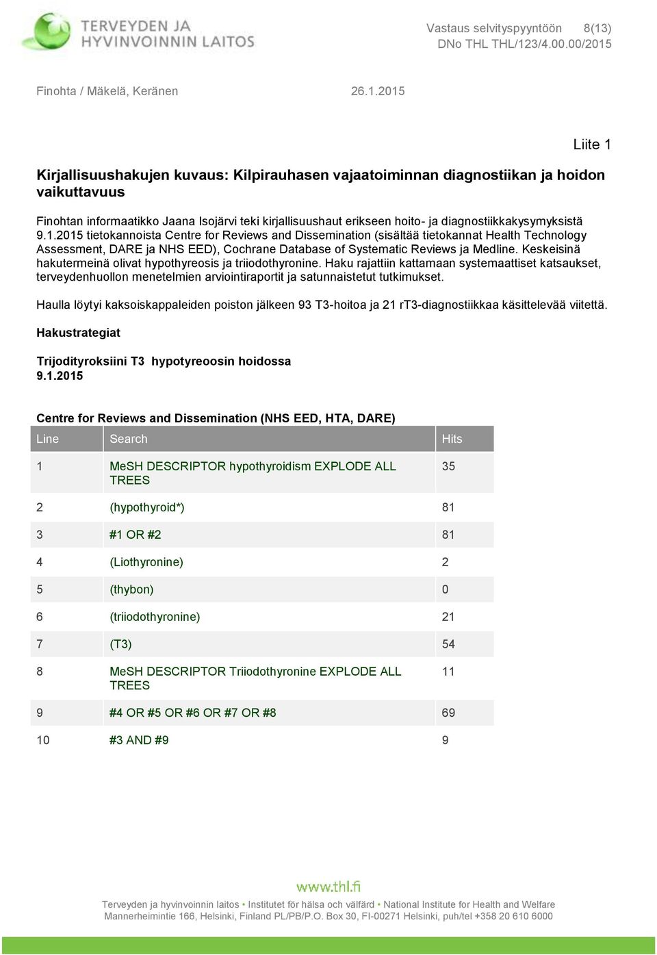 2015 tietokannoista Centre for Reviews and Dissemination (sisältää tietokannat Health Technology Assessment, DARE ja NHS EED), Cochrane Database of Systematic Reviews ja Medline.