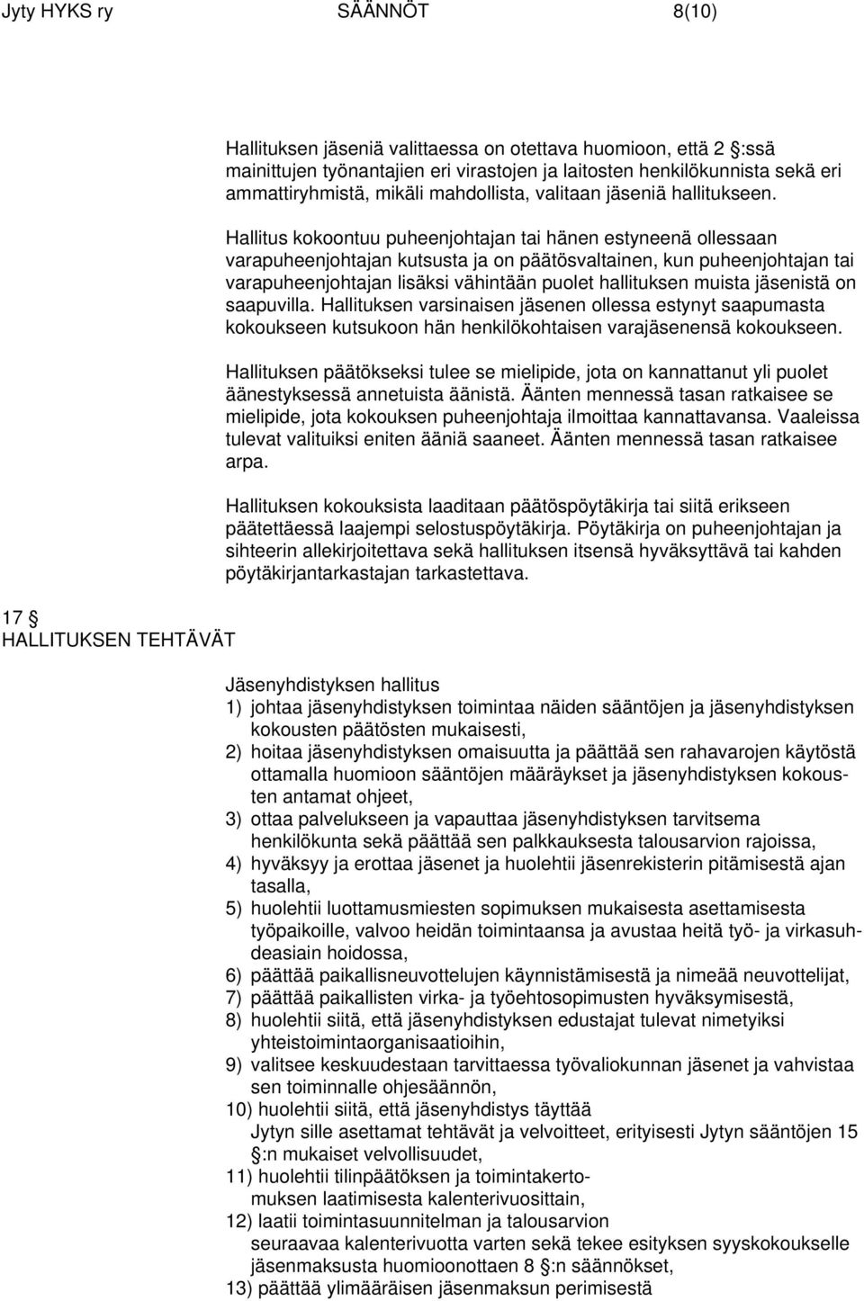 Hallitus kokoontuu puheenjohtajan tai hänen estyneenä ollessaan varapuheenjohtajan kutsusta ja on päätösvaltainen, kun puheenjohtajan tai varapuheenjohtajan lisäksi vähintään puolet hallituksen