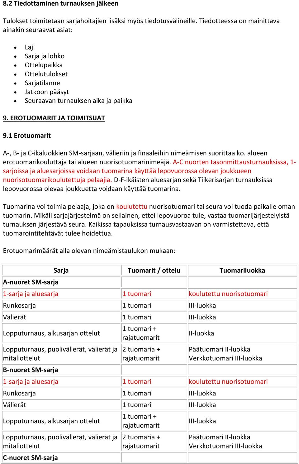 1 Erotuomarit A-, B- ja C-ikäluokkien SM-sarjaan, välieriin ja finaaleihin nimeämisen suorittaa ko. alueen erotuomarikouluttaja tai alueen nuorisotuomarinimeäjä.