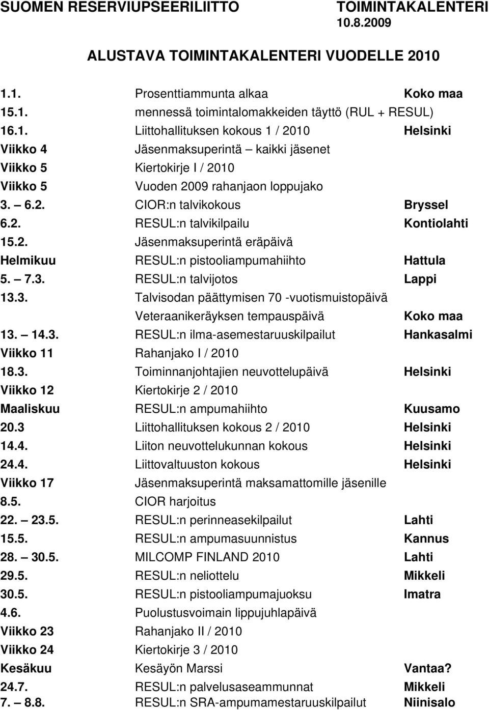 1.1. Prosenttiammunta alkaa Koko maa 15.1. mennessä toimintalomakkeiden täyttö (RUL + RESUL) 16.1. Liittohallituksen kokous 1 / 2010 Helsinki Viikko 4 Jäsenmaksuperintä kaikki jäsenet Viikko 5 Kiertokirje I / 2010 Viikko 5 Vuoden 2009 rahanjaon loppujako 3.