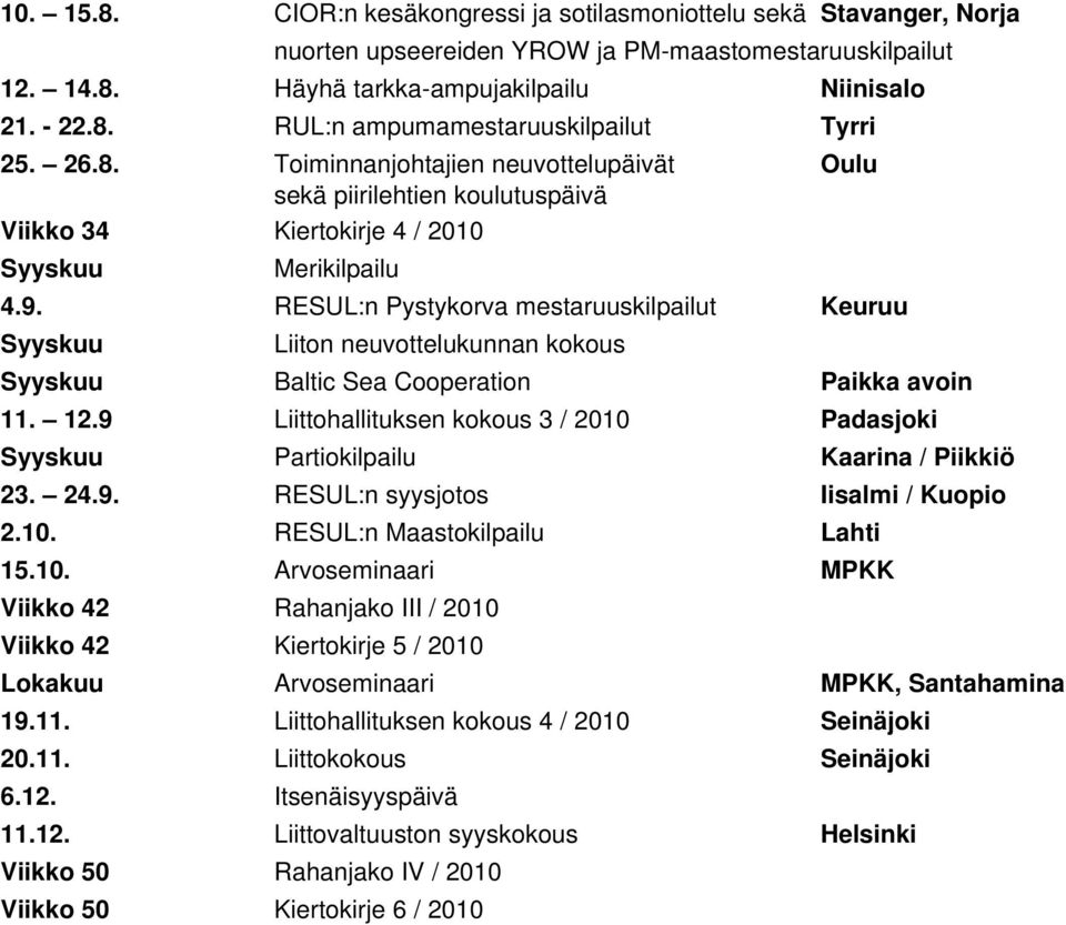 RESUL:n Pystykorva mestaruuskilpailut Keuruu Syyskuu Liiton neuvottelukunnan kokous Syyskuu Baltic Sea Cooperation Paikka avoin 11. 12.